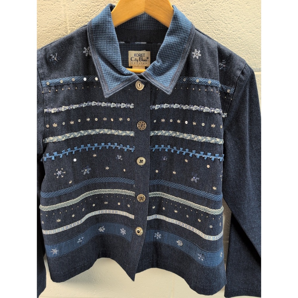 Vintage Koret City Blues Denim Jacket Embroidered Winter Snowflake Novelty